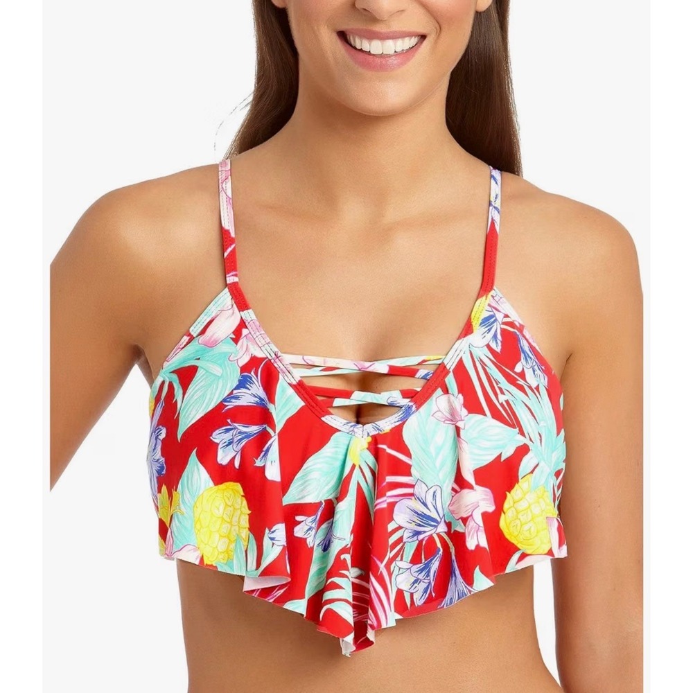 California Waves Red‎ Tropical Floral Ruffle Bikini Top MY20321T D/DD